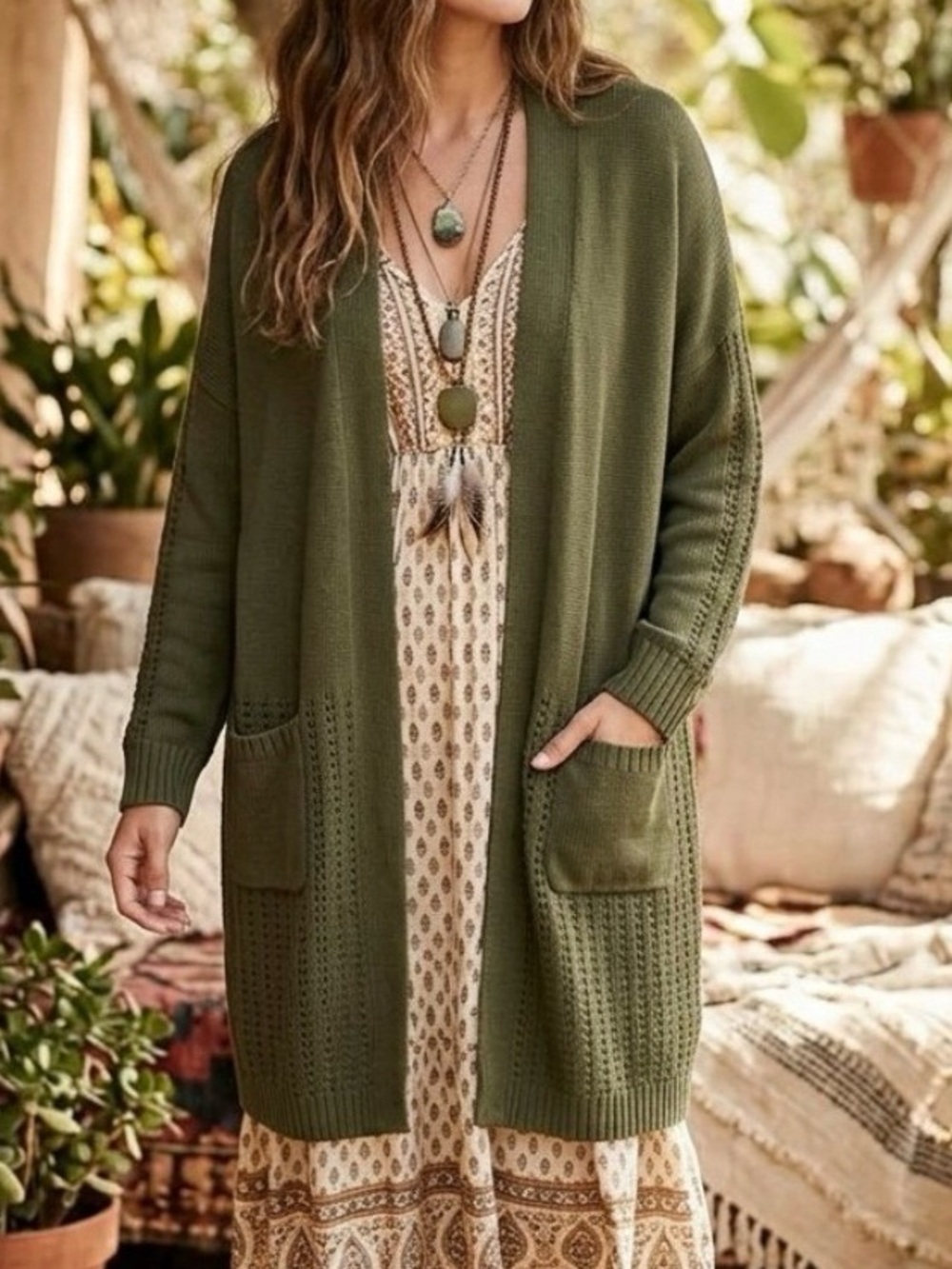 Lysse Olive Green Long Line Open-Front Knit Cardigan Size L/XL